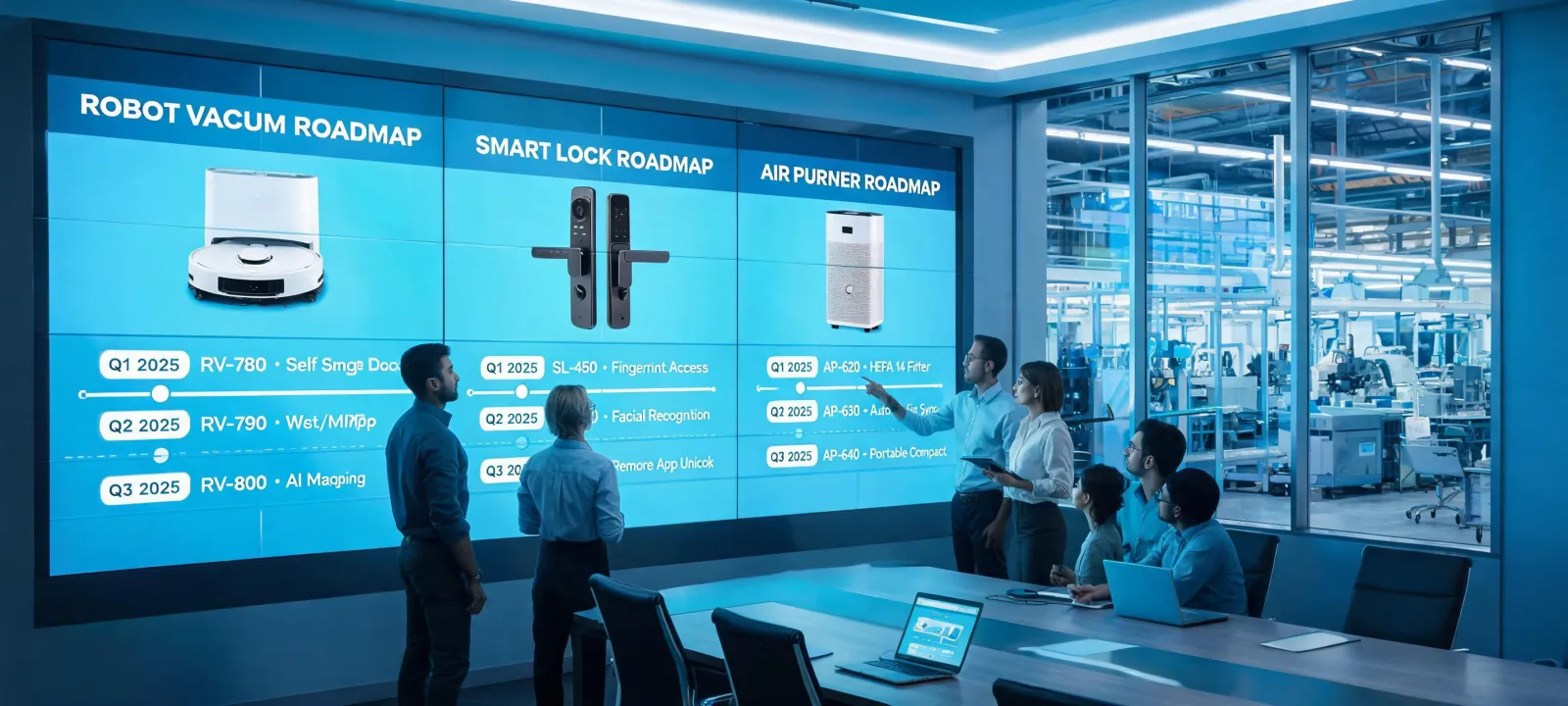 Smart appliance sourcing team reviewing connected device roadmap